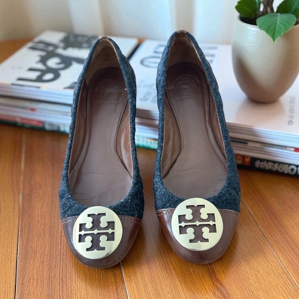 Tory Burch Quilted Wool & Leather Ballet Flats with Gold Logo